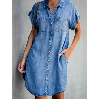 Vestido Jeans Feminino De Comprimento Médio De Manga Curta slim fit