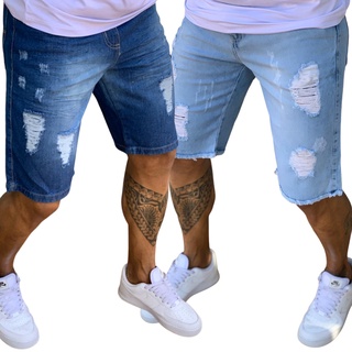 Kit 2 Bermuda Jeans Rasgada Masculina Sem Lycra Elastano Não Moletom Cargo Tactel Linha Gold