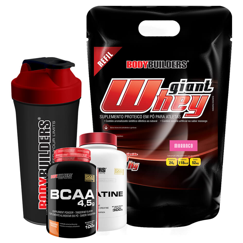 Kit Giant Whey 2kg (Refil) + BCAA 100gr + Power Creatine 300g + Coqueteleira – Bodybuilders