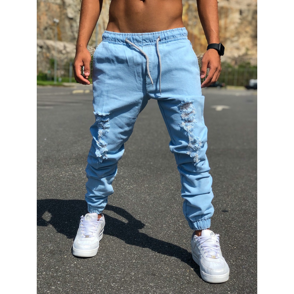 calça masculina jogger jeans slim sarja com elastico joguer apertada  elastico elastano