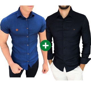 Camisas Kit com 2 (duas) Jeans com elastano 1 manga curta + 1 manga longa social masculina slim blusa casual de botão