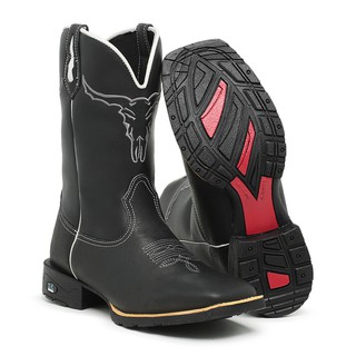 Texana Masculina Bota Botina Country Bico Quadrado Cano Alto Bordado Touro Texas