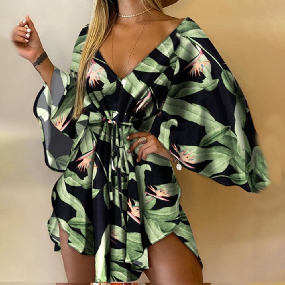 Vestido Feminino Sexy Manga Asa De Morcego Estampado Mini Outono