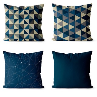 Kit 4 capas de almofadas geométrica azul marinho e bege