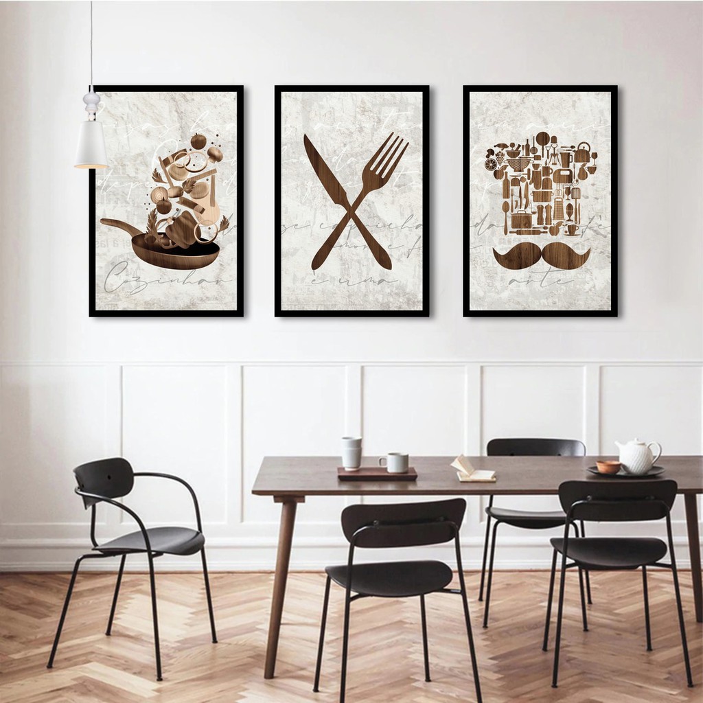 Quadros Decorativos Restaurante, Sala De Jantar, Cafeteria, Lanchonetes, Kit 3 Peças