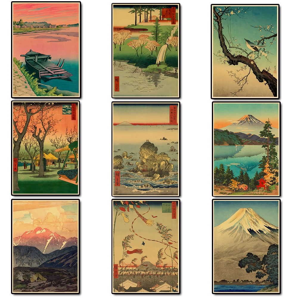 Pôster Vintage Paisagístico Japonês Arte Paisagística Kraft Room Bar Decoração Pintura De Parede