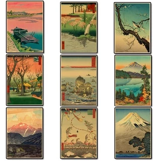 Pôster Vintage Paisagístico Japonês Arte Paisagística Kraft Room Bar Decoração Pintura De Parede