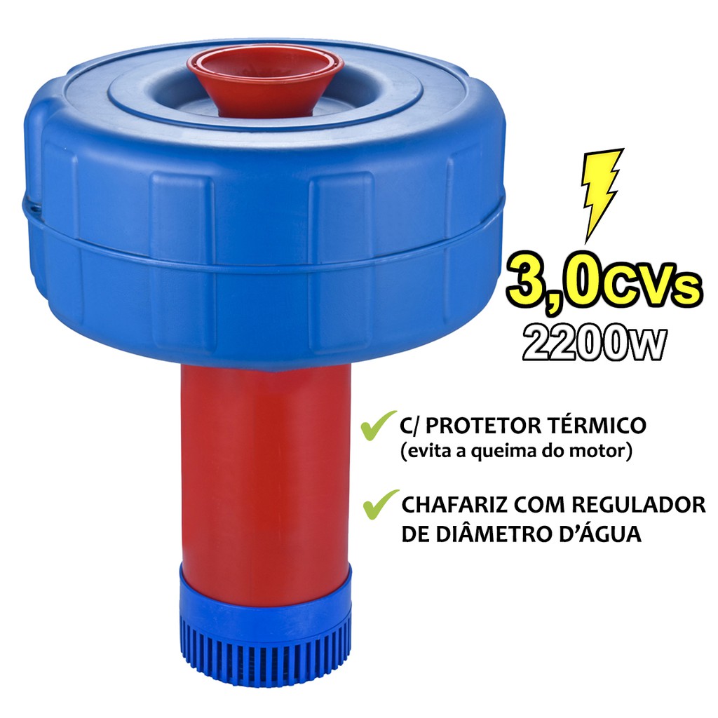 Aerador Peixe com Bomba Flutuante Tanque Chafariz Piscicultura 3CV Alta Oxigenação