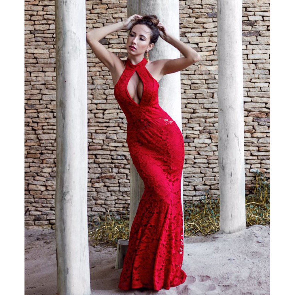 Vestido longo hot sale de renda vermelho