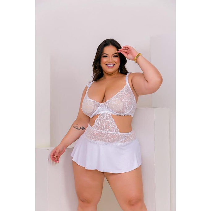 Camisola Plus Size Sexy de Renda com Aro