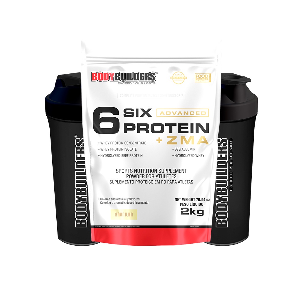 Kit Whey Protein Concentrado 6 Six Protein Advanced c/ ZMA 2kg + 2x Coqueteleira – Kit Para Ganho de Massa Magra e Definição Muscular – Bodybuilders