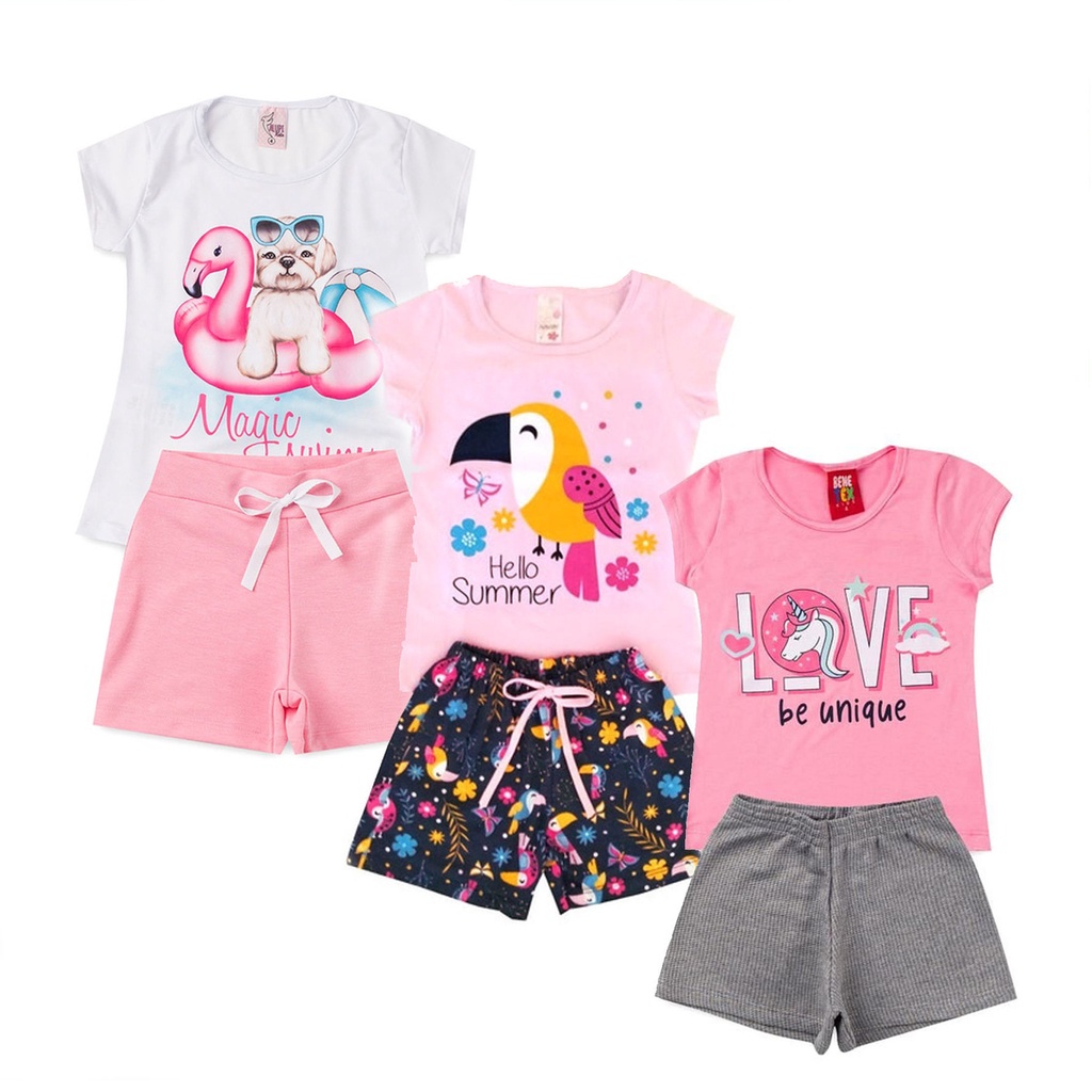 Atacadão da Moda Kit 3 Conjuntos Verão Menina Juvenil Camiseta e