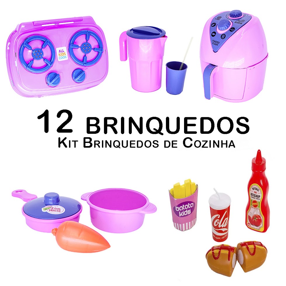 Kit Cozinha Infantil Com Fogão + Airfryer + Jogo De Jantar C/ Copos,  Pratinhos, Panelinhas De Brinquedo Fogãozinho Cooktop Comidinha