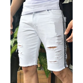 Bermuda Jeans Masculina Slim Destroyed Desfiada Faixa Lateral Premium.