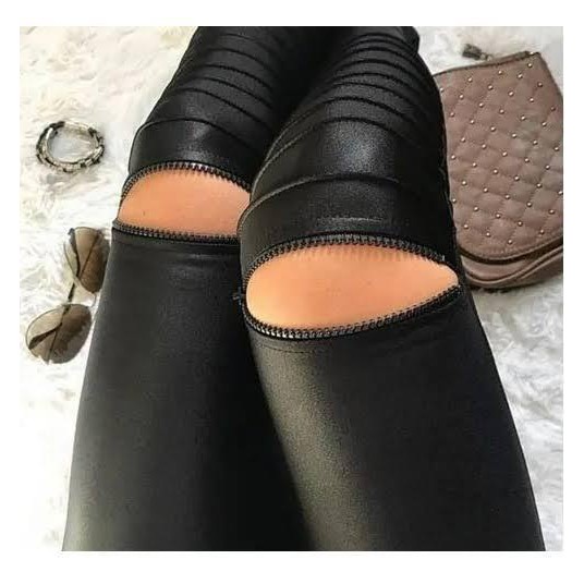 Calça Cirre Skinny Cintura Alta Preta Ziper No Joelho Montaria - Main Image