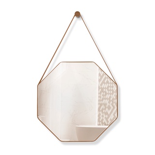 Espelho Decorativo 60cm Lavabo Banheiro Quarto Sextavado Suspenso Alça Couro + Suporte