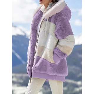 Nova Jaqueta Feminina Com Capuz De Pelúcia Multicolorida Para Outono/Inverno