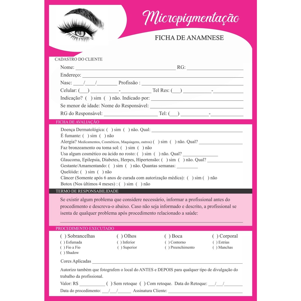 Ficha de Anamnese Micropigmentação de sobrancelhas