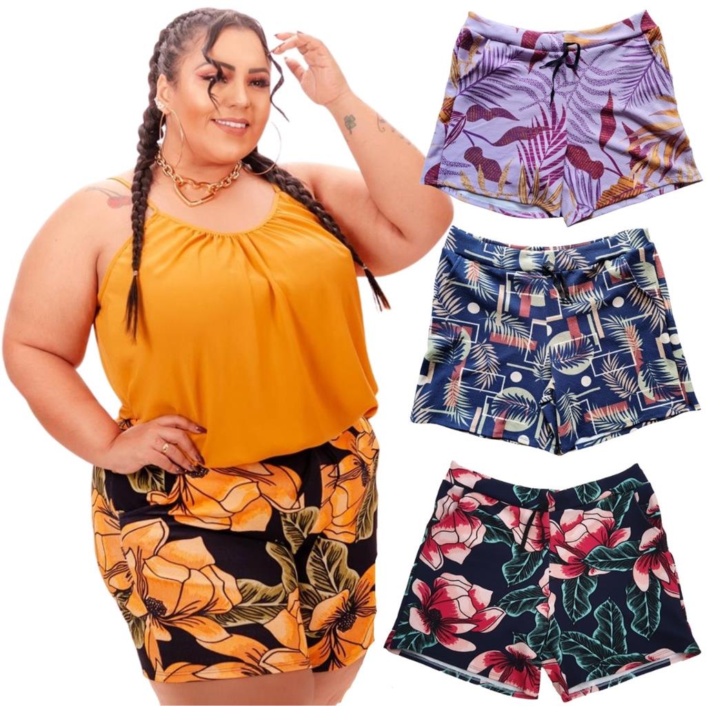 Shorts Plus Size Feminino Malha Crepe Estica Grande Bermuda GG G1 G2 G3  Short Estampado Liso Floral Verao