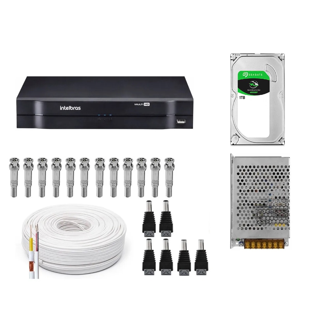 Kit Cftv Dvr Intelbras 16ch mhdx full hd com hd 1tb+fonte+100m de cabo e conectores