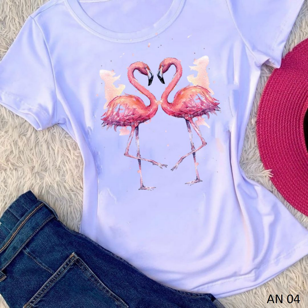 Blusa Feminina Estampa Flamingos Tshirts Feminina Polielastano