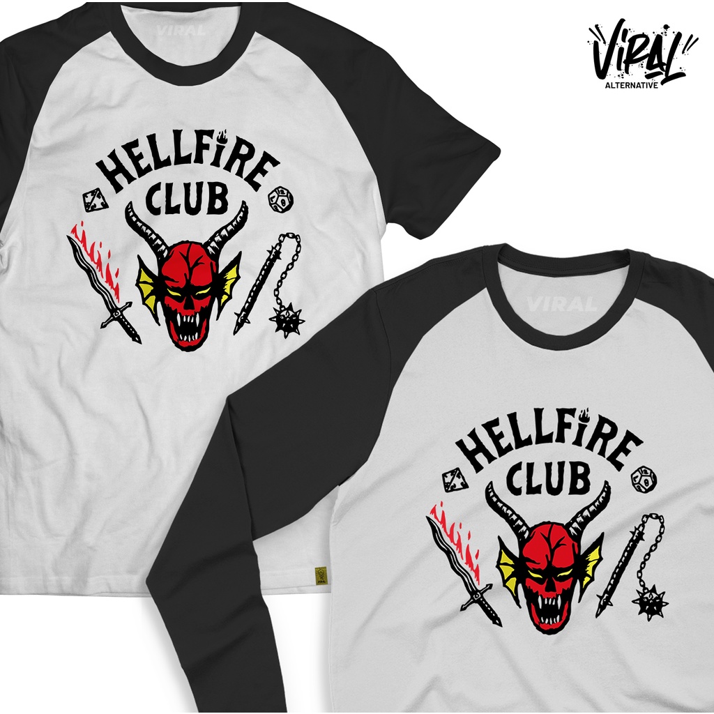 Camiseta Hellfire Club Stranger Things Raglan Manga Curta e Longa Algodão