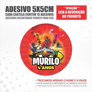 4 Cartelas (60 Adesivos) 5x5cm Personalizados Power Rangers Aniversario