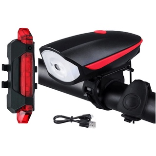 Kit Lanterna Farol para Bicicleta Bike Speaker Com Buzina Recarregável + Sinalizador Traseiro Led Usb