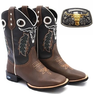 Bota Botina Texana Masculina Country Bordada Boi Com Fivela