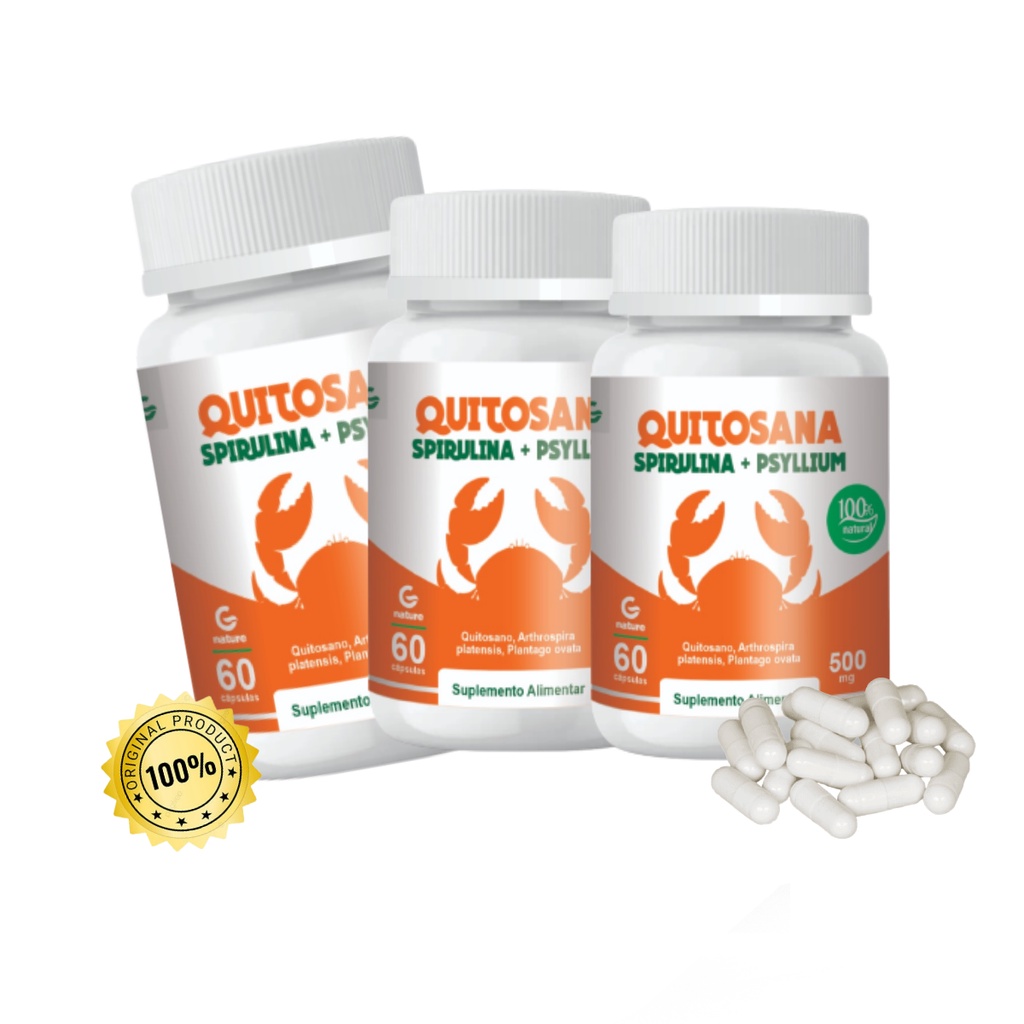 Kit 3 Quitosana Spirulina Psyllium Inibidor Apetite 60 Cápsulas 500mg ...