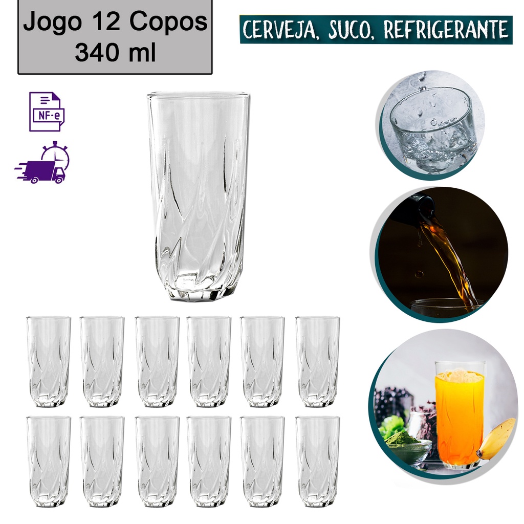 Jogo 12 Copos De Vidro Grosso Transparente 340ml Suco Água