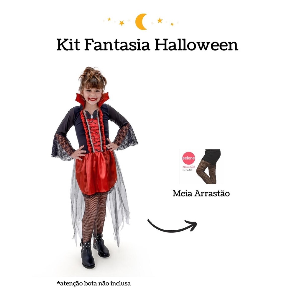 Fantasia Infantil Halloween Vampira Com Meia Arrastão | Shopee Brasil