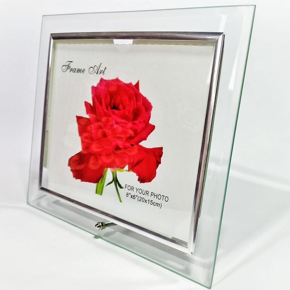 Porta Retrato Todo em Vidro Transparente e Apoio (pé) em Metal