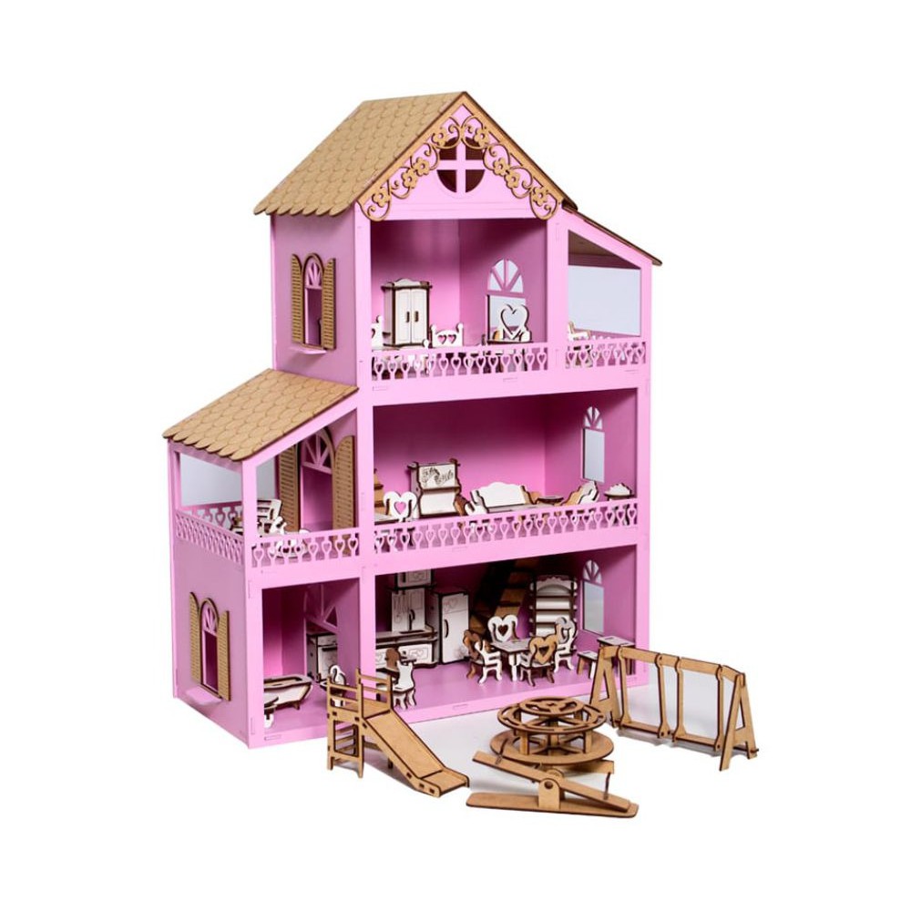 Casa Casinha De Boneca Polly Mdf + 36 Móveis + Parquinho Montada ...