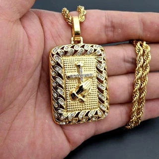 Moda Masculina Aço Titânio Folheado A Ouro Cor Preservando Buda Colar De Oração De Mão Cruz Pingente Jóias Religiosas