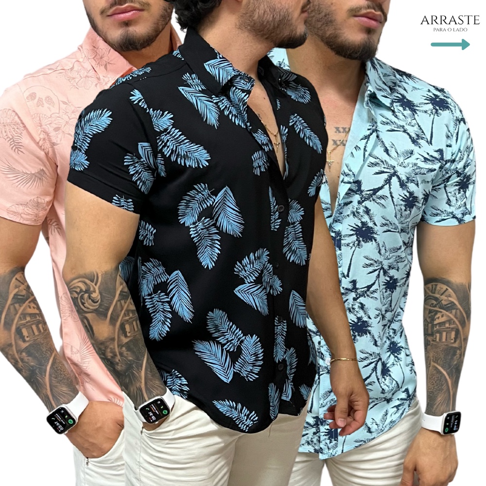 Camisa Social Florada Moda Praia Verão Bolso Botão Manga Curta Estilo  Casual Masculino