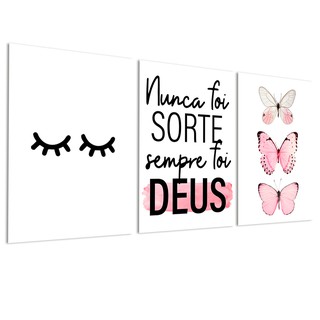 Conjunto Kit 3 Placas Quadros Decorativos 20x28 Mdf Nunca Foi Sorte Sempre Foi Deus P/ Sala Quarto