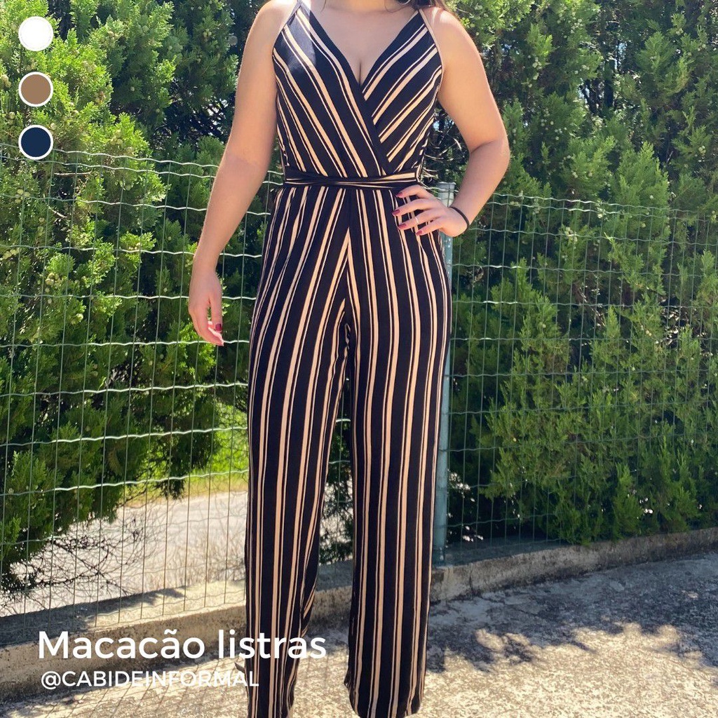 Macac o Longo Listrado Alcinha Com Ajuste Na Cintura Transpassado Moda Feminina Blogueira