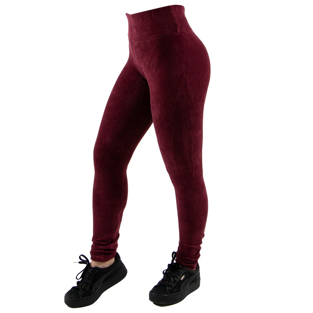 Calça Feminina Legging Cós Alto Veludo Cotele Canelada Lazer