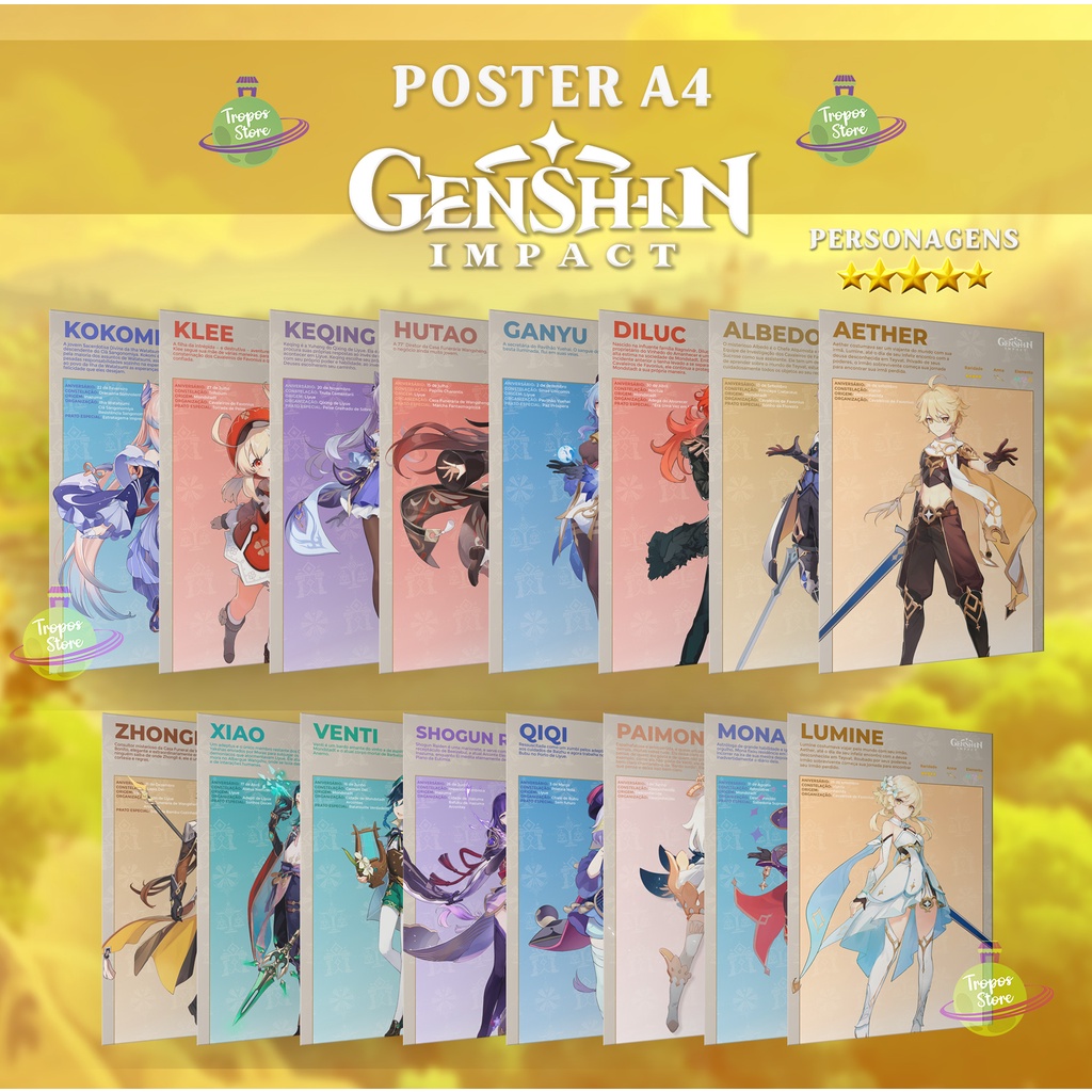 Poster Genshin Impact Personagens 5 Estrelas