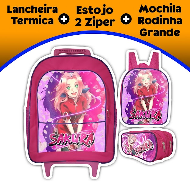 Kit mochila escolar de rodinhas infantil menina grande Lancheira Termica Estojo duplo Sakura Pink 2zp