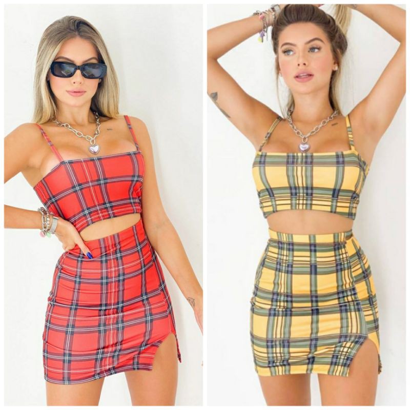 Conjunto Xadrez Feminino Casual Sem Manga Blusa e Short Moda Verão