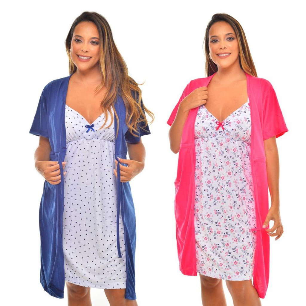 Camisola Amamentação Gestante com Robe Pijama Maternidade Viscolycra Moda  de Baixo - ES220-221 em Promoção na Americanas