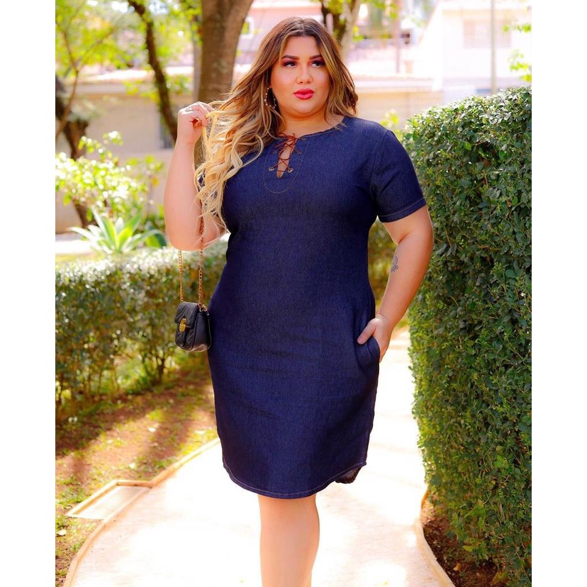 vestido femino Jeans Plus Size de amarrar na frente c/ bolso. TAMANHO 52,  54 E 56