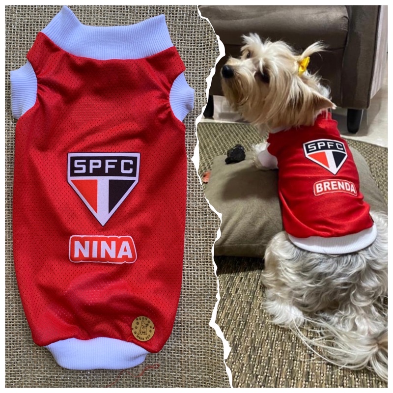 Camisa Pet Time São Paulo, Roupa de Cachorro Futebol Personalizada com nome do seu pet