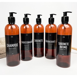 Kit Banheiro Shampoo Frasco Ambar 5 Frascos Ambar Pet Plastico 500ml Refil Sabonete