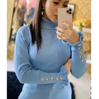 Blusa Moda Feminina Tricot linha Gola chacharrel manga babado botao sueter lançamento