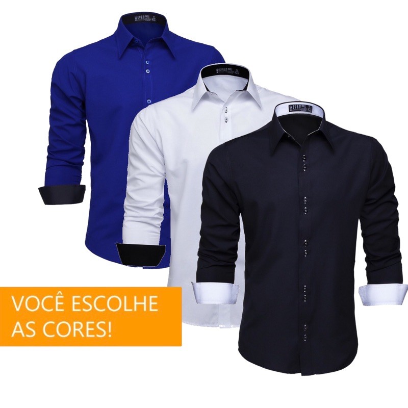 Kit com 3 Camisas Social Masculina Manga Longa Lisa Slim