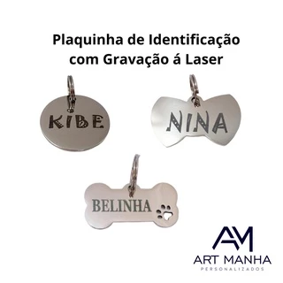 Placa de Identificação Pet Cachorro Gato em aço inox Gravação à laser