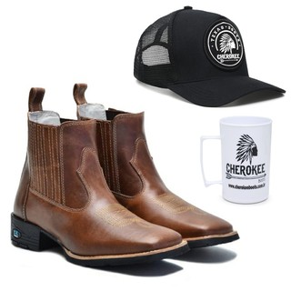 Kit Country Botina Masculina Boné Caneca Texana Bota Bico Quadrado Couro Bovino Cano Curto Montaria